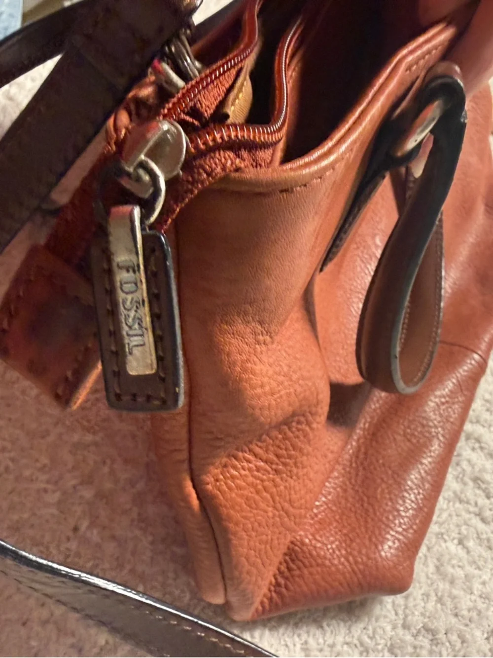 Vintage Fossil Leather Tote Handbag in Chestnut Brown - Classic Women's Bag - Picture 7 of 13